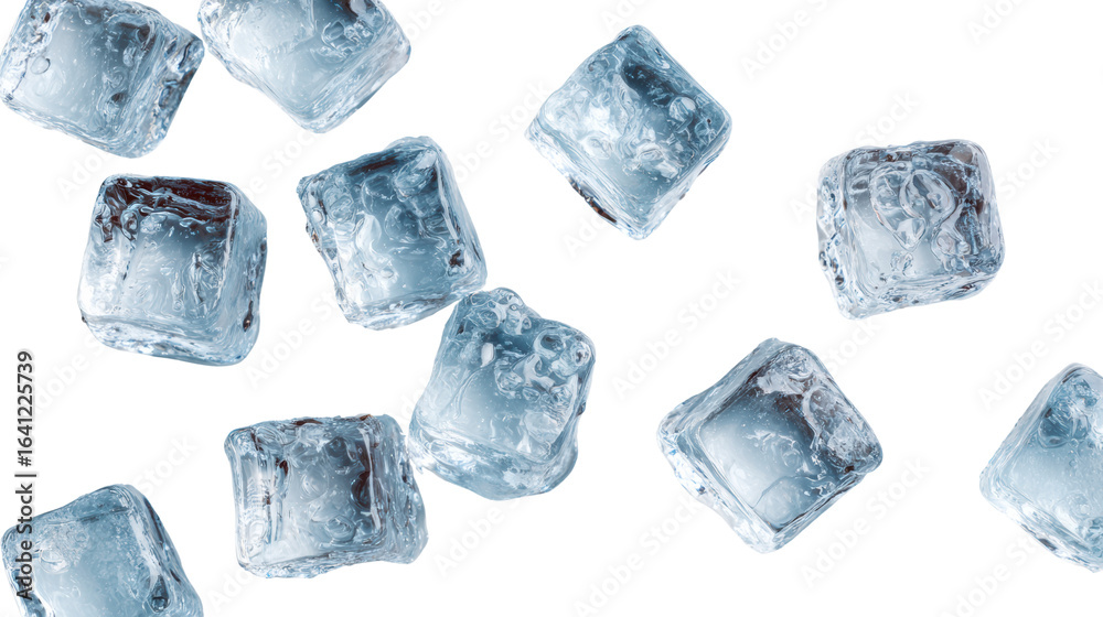 Obraz premium Ice cubes scattered over a white background, perfect for refreshing beverages and cocktails.