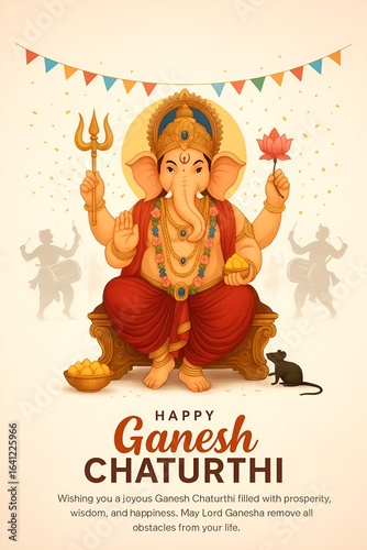 Illustration of lord ganesha with offerings and drummers for chaturthi