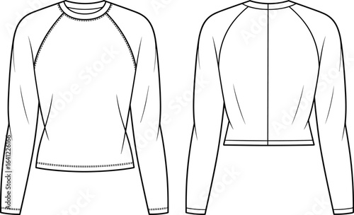 Long sleeve raglan crop top technical flat sketch, front and back CAD fashion drawing, vector apparel design template for clothing production
