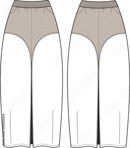 Long skirt fashion flat sketch with contrast yoke and elastic waistband, front and back CAD technical drawing, vector clothing design template