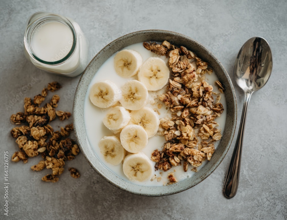 Fototapeta premium Cereal bowl with milk, bananas, and granola