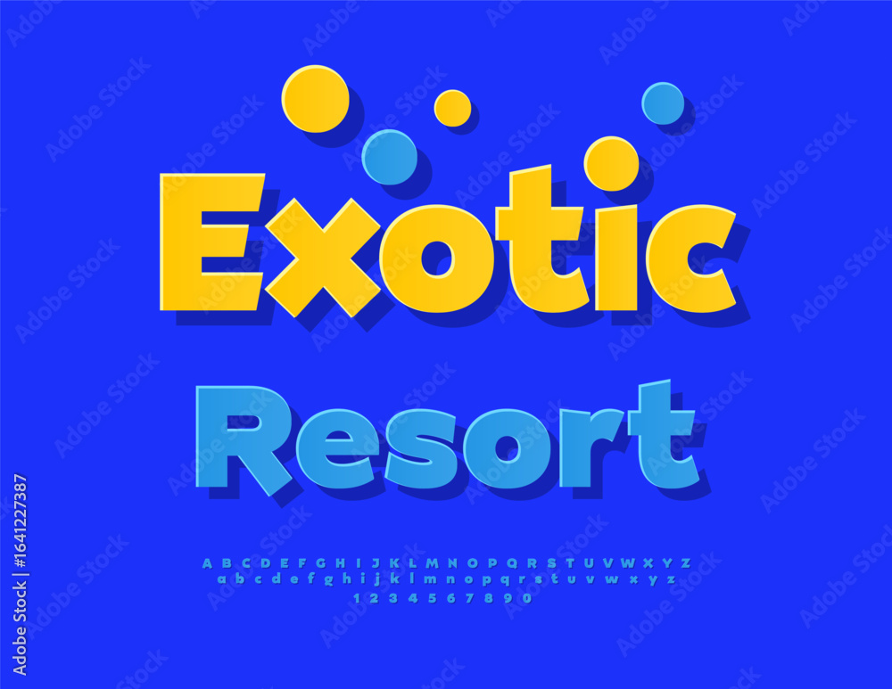 Obraz premium Vector Travel template Exotic Resort. Blue Sticker Font. Decorative Alphabet Letters and Numbers set.