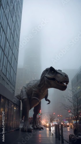 Realistic T-Rex Dinosaur Walking On City Street In Urban Environment
