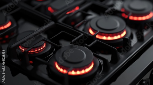 A close-up of a modern gas stove with illuminated burners, showcasing a sleek black design and glowing red flames.