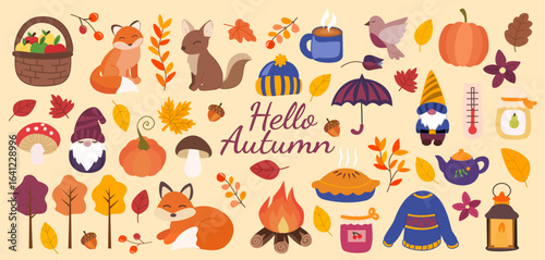 Autumn cute animal set for thanksgiving and harvest season. Autumn food and animal. Thanksgiving pie and pumpkin, leaf and animal for cute design. Cartoon vector illustration