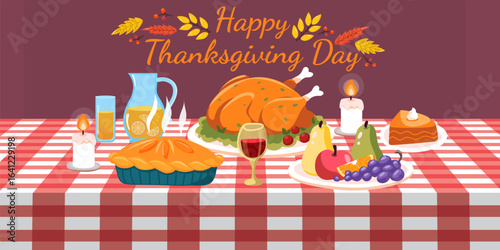 Autumn cute food poster set for thanksgiving and harvest season. Autumn food and turkey. Thanksgiving pie and turkey, lemonade and fruit for holiday design. Cartoon vector illustration