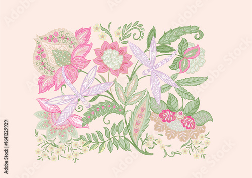 Wallpaper Mural Fantasy flowers and dragonflies in retro, vintage, jacobean style. Clip art, set of elements for design Vector illustration. Torontodigital.ca