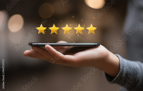 a person holding their hand out with five stars above it, indicating an impressive customer experience and positive review on the smartphone screen