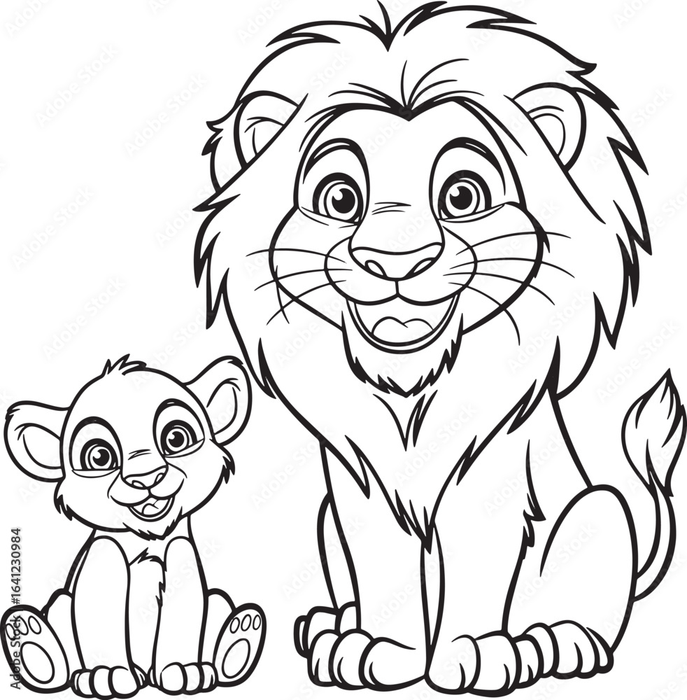 Obraz premium Charming lion king coloring page with cub silhouette line art illustration stock photos royalty free image premium quality