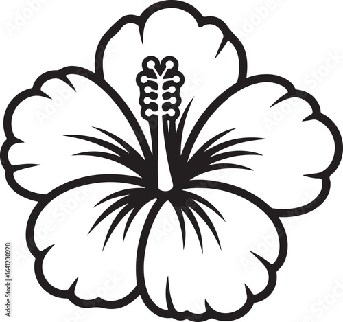 Black and White Hibiscus Flower. Line Art Tropical Bloom, ideal for summer design, botanical patterns, decorative graphics. Versatile exotic plant concept.