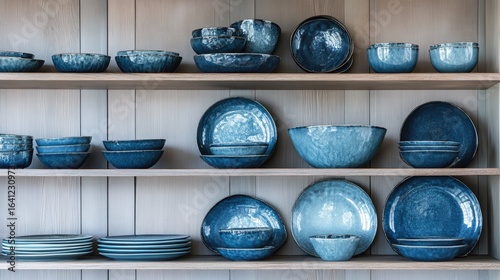 A collection of beautifully designed blue ceramic dishes arranged neatly on wooden shelves.
