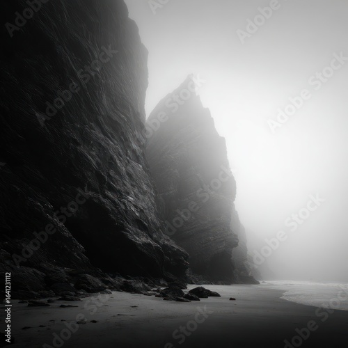 Black and white photo of large rocks on a foggy beach