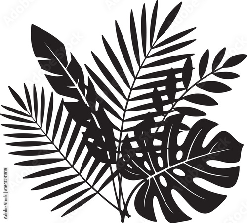 Silhouette of tropical jungle leaves composition. Exotic botanical foliage vector illustration for summer design concepts.