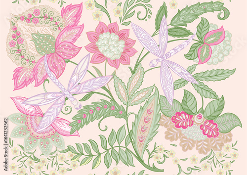 Wallpaper Mural Fantasy flowers and dragonflies in retro, vintage, jacobean embroidery style. Seamless pattern, background. Vector illustration. Torontodigital.ca
