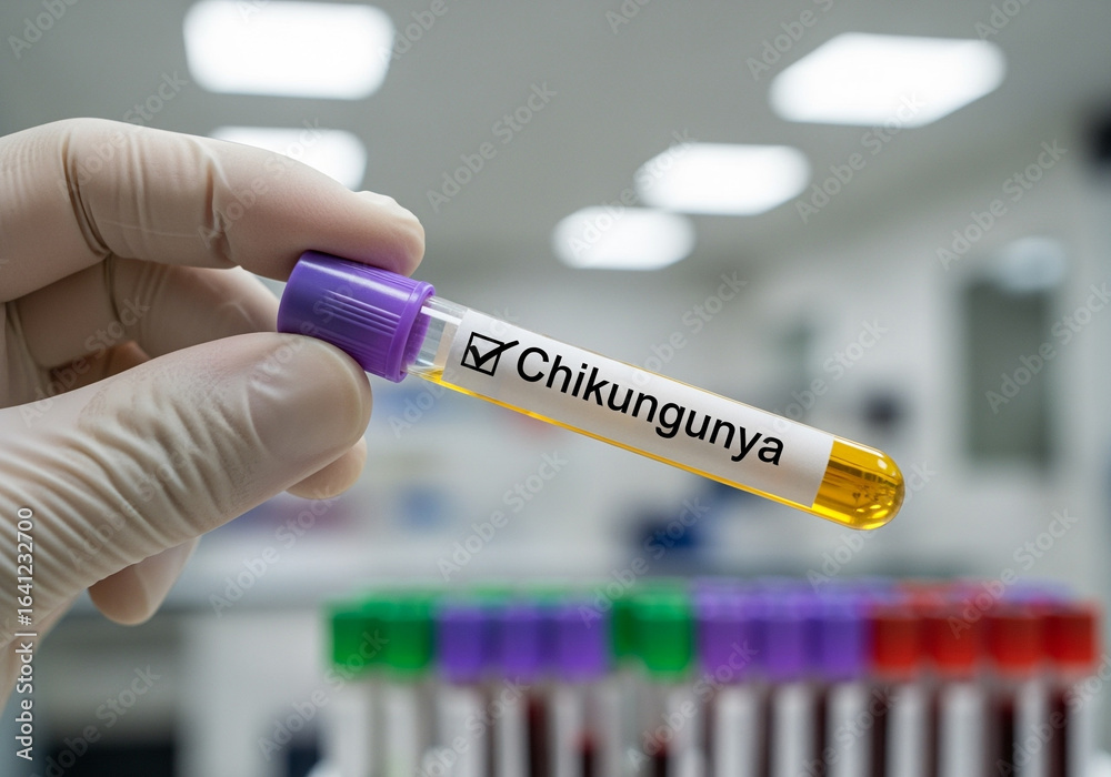 Fototapeta premium Hand holding chikungunya blood test tube in medical laboratory
