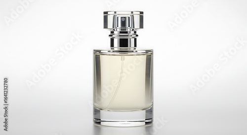 Elegant glass perfume bottle with clear cap isolated on light gray  background