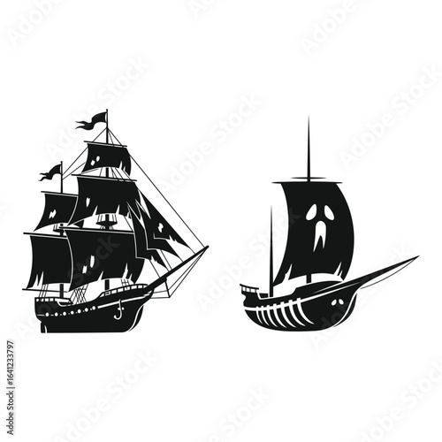 Vector art of ghost pirate ships isolated on white background