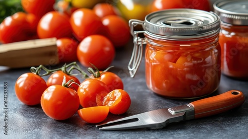 Fresh tomatoes are showcased beside a jar of preserved tomatoes and a knife, emphasizing vibrant colors and culinary preparation.