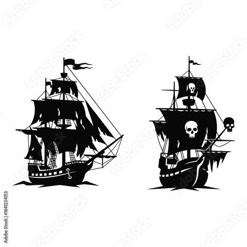 Vector art of pirate ships with skull flag isolated on white background