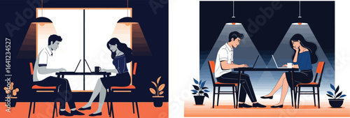 Romantic Couple in Cafe Vector Illustration, Modern Flat Design Date Scene