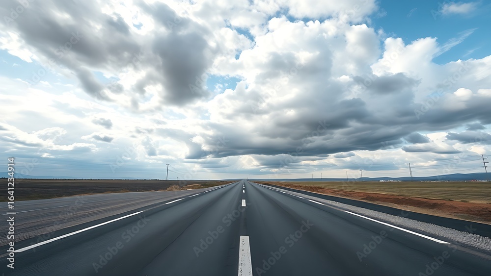Naklejka premium Panoramic view of an empty road under cloudy skies, capturing a serene and open landscape.