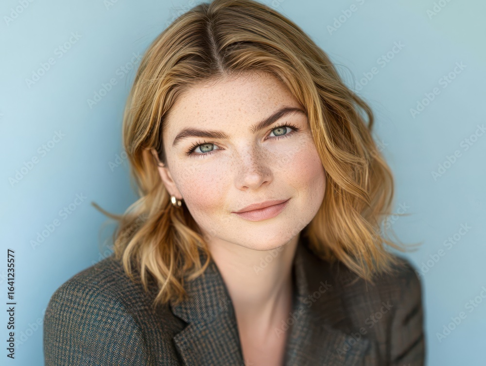 Obraz premium Young Woman with Freckles and Light Brown Hair Posing Against a Soft Blue Background in a Stylish Jacket