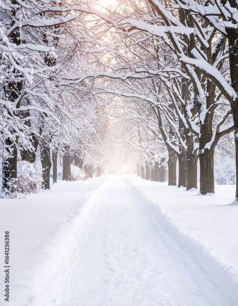 Obraz premium 제목: Vertical View of a Quiet, Snowy Path설명: An immersive vertical shot emphasizing the height and grandeur of the winter forest, with a tranquil, snowy path illuminated by the soft light of dawn.