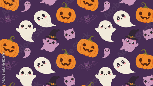 Spooky Cute Halloween Seamless Pattern with Ghosts, Pumpkins & Bats on Purple Background
