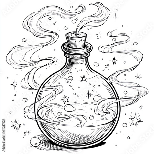 Illustration of a potion bottle with swirling smoke and stars