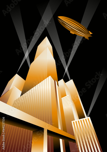 Art Deco Posters Style Illustration. Futuristic City, Skyscrapers, Bridges, Spotlights. Vector Template for Art Deco Placards, Covers, Illustrations