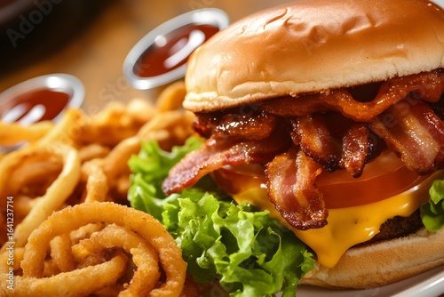 Crispy bacon cheeseburger with curly fries, barbecue sauce side, sharp focus highlighting rich, juicy textures.