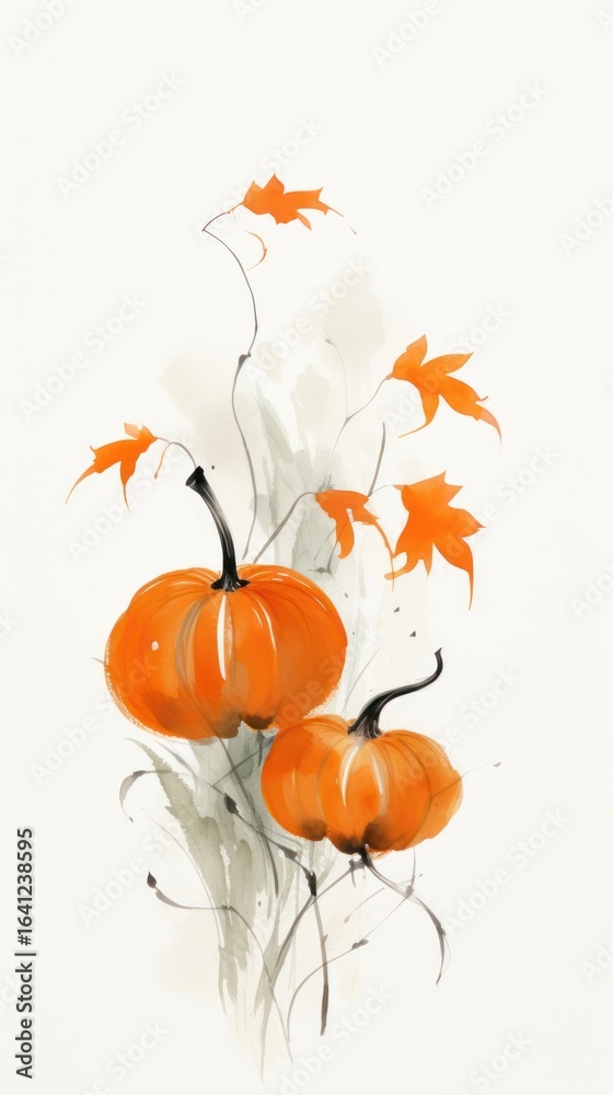 Fototapeta premium Pumpkin chinese brush pumpkin vegetable painting.