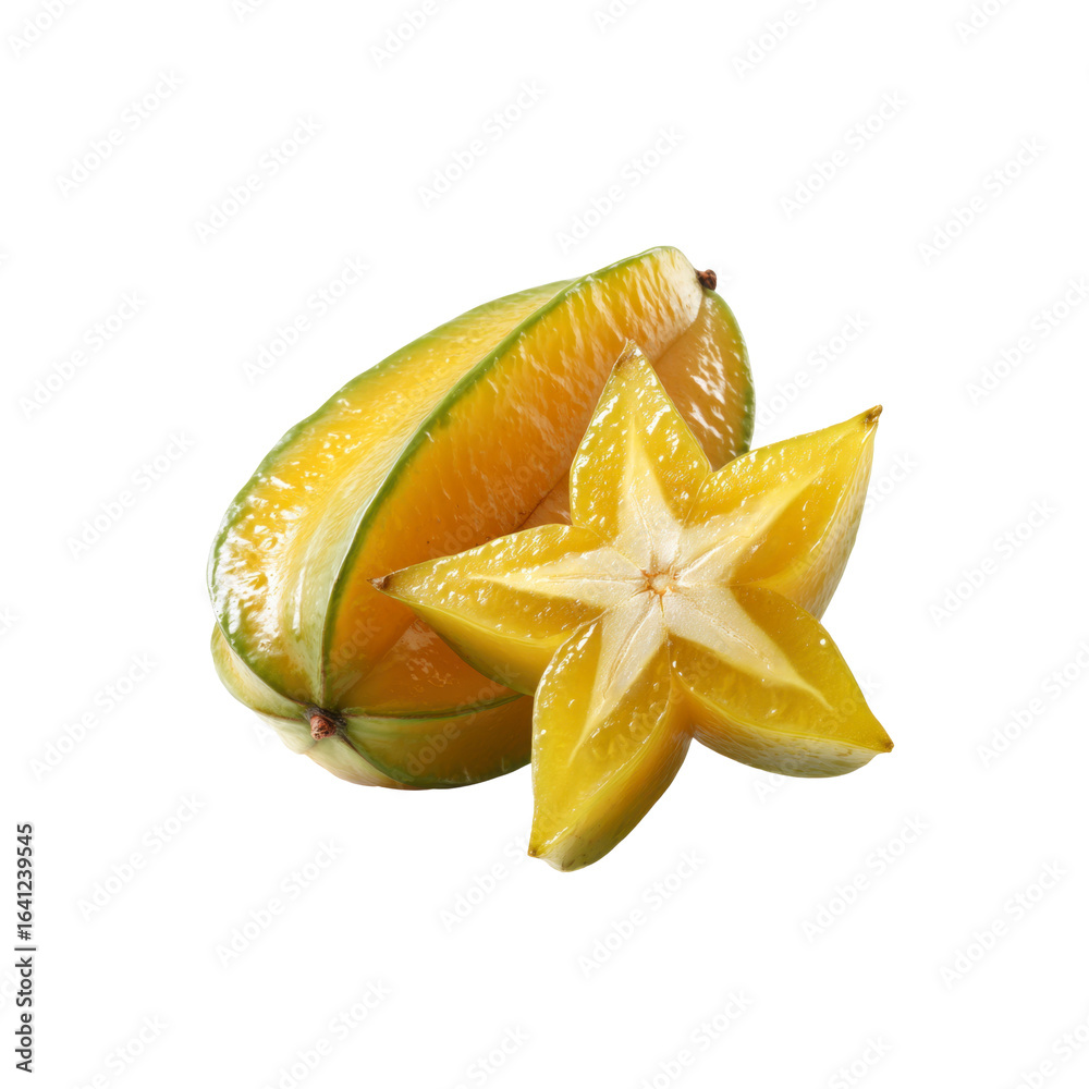 Fototapeta premium Juicy Star Fruit Whole and Sliced Carambola on Black Background