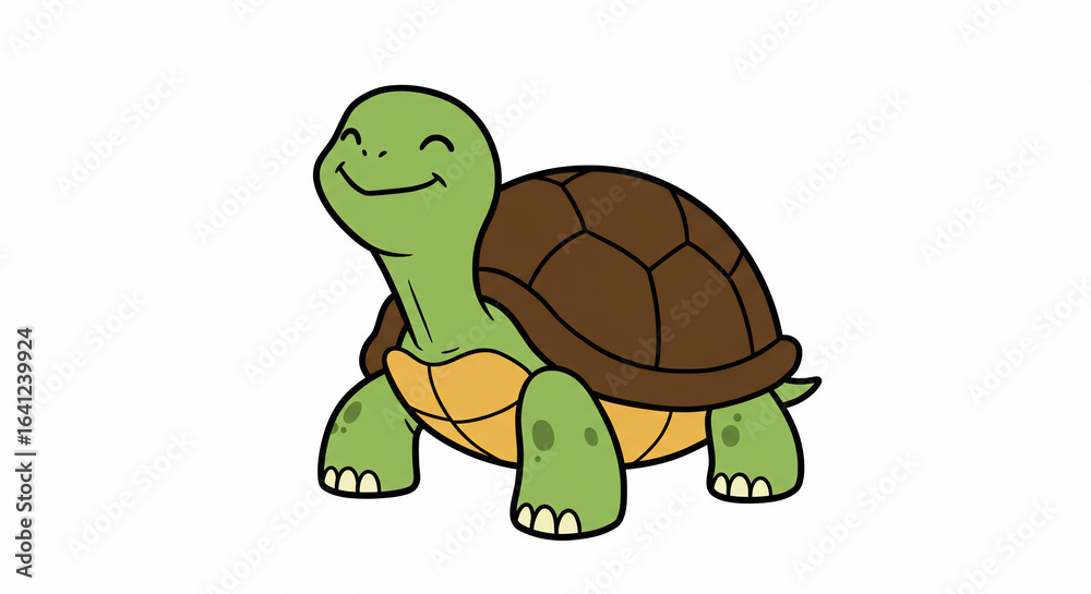 Obraz premium Cartoon illustration of a happy green turtle with a brown shell, standing on a white background.