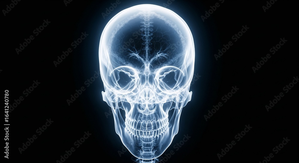 Transparent x-ray scan revealing human skull in radiographic view against black backdrop. Detailed x-ray scan showcases bone structure and anatomical details, skull anatomy for medical study. Transparent x-ray scan revealing human skull in radiographic view against black backdrop. Detailed x-ray scan showcases bone structure and anatomical details, skull anatomy for medical study.