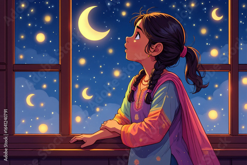 Vector Art of Girl in Salwar Kameez Watching Crescent Moons and Stars from Window.