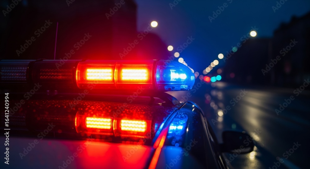 Fototapeta premium Police car with flashing lights on empty night street