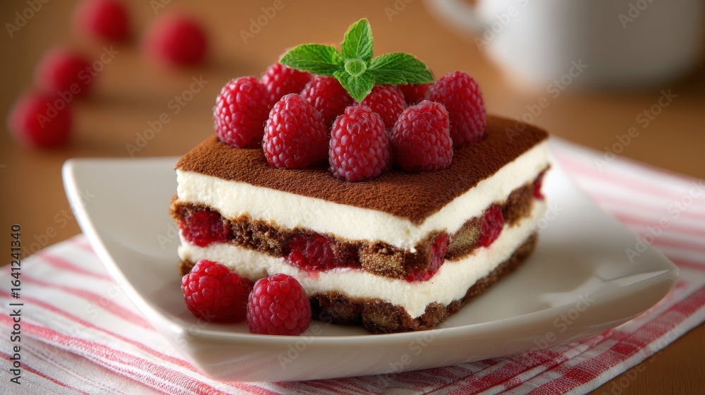 delectable raspberry tiramisu slice on a white plate, garnished with fresh raspberries and mint on top, resting on a striped placemat delectable raspberry tiramisu slice on a white plate, garnished with fresh raspberries and mint on top, resting on a striped placemat