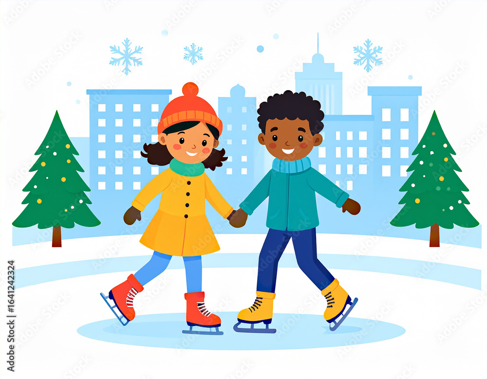 Fototapeta premium Smiling boy and girl ice skating together on an outdoor rink in a winter city park, surrounded by decorated Christmas trees and falling snowflakes, enjoying the festive season.