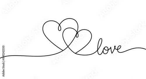 Vector illustration of two intertwined hearts forming the word love in a continuous line drawing, symbolizing romance and deep affection