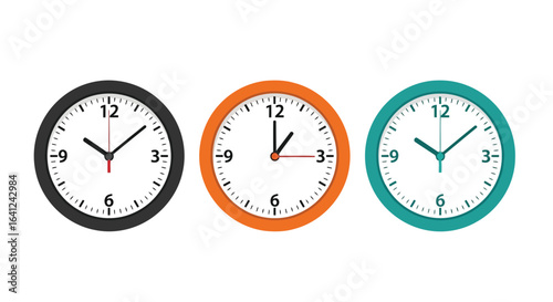 Vector illustration of three colorful clocks showing different times, isolated on white background