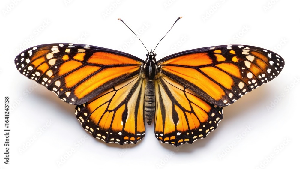 Fototapeta premium Monarch butterfly, Danaus plexippus, detailed top-down shot on milkweed.