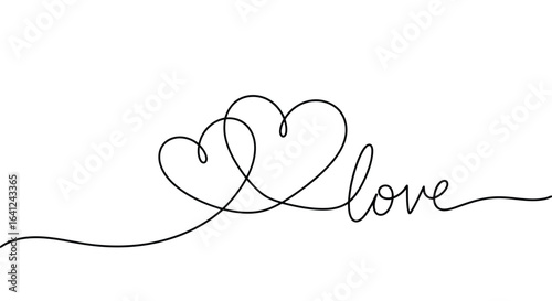 Vector illustration of continuous line drawing of two hearts forming the word love, isolated on white background