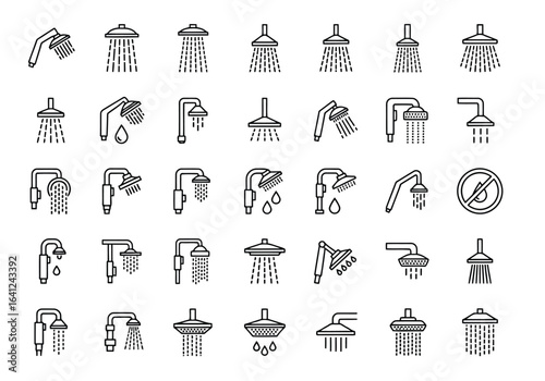 Vector illustration of collection of various shower head icons with water spray, isolated on white background