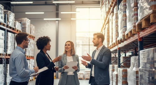 Diverse professionals discuss logistics in modern warehouse setting