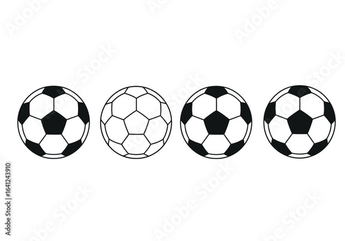 Vector illustration of four soccer balls in a row, showcasing the classic black and white hexagonal pattern, isolated on white background