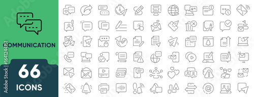 Communication Line Icon Set. Set of 66 outline icons including messaging, phone calls, emails, chat bubbles, video calls, networking, and connection. Editable stroke. Linear vector illustration.