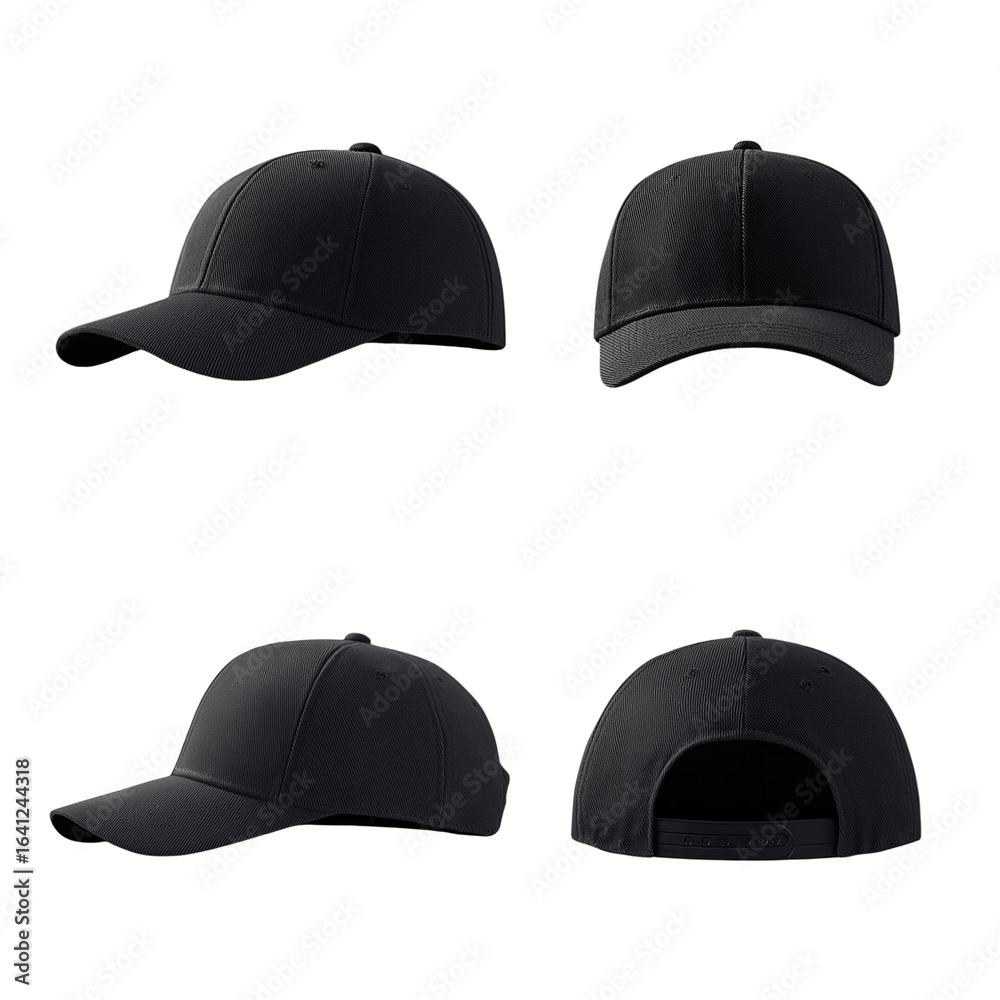 black front and side view hat baseball cap on transparent background cutout, Mock up template black front and side view hat baseball cap on transparent background cutout, Mock up template