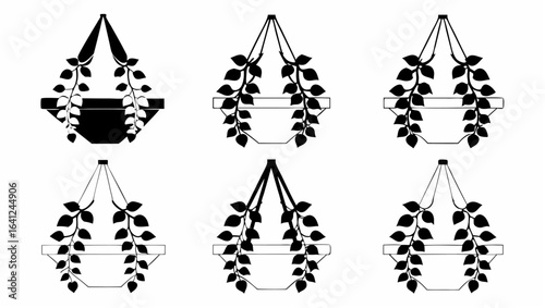 Six hanging planters with trailing vines in a symmetrical arrangement, black and white illustration |  editable eps vectors silhouette
