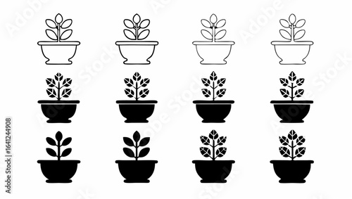 Collection of twelve potted plants in black and white with varying leaf styles and pot designs |  editable eps vectors silhouette